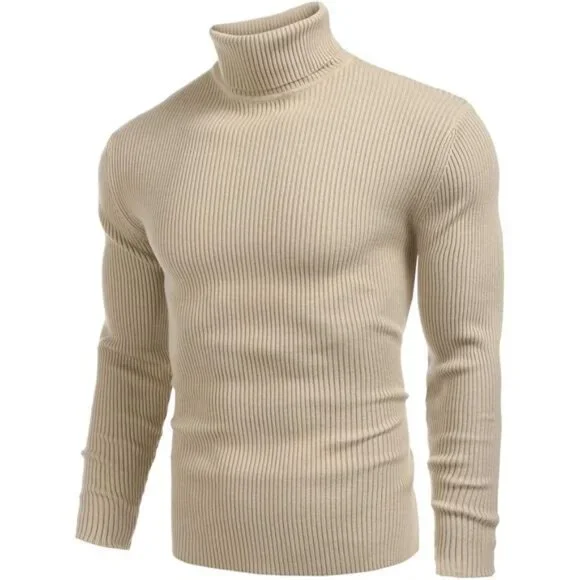 Mens Ribbed Slim Fit Knitted Pullover Casual Turtleneck Sweater
